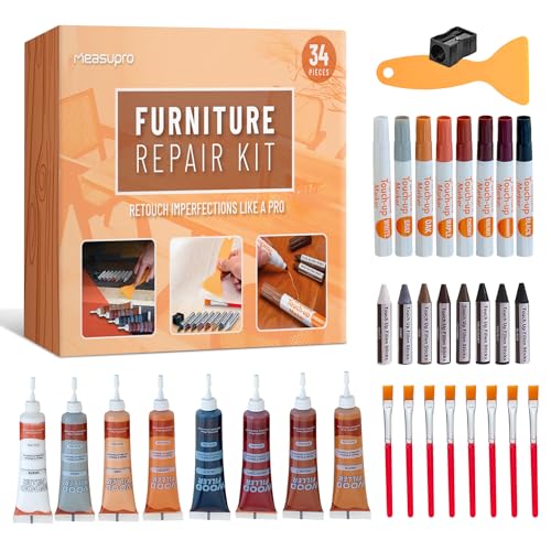 MeasuPro 34-Piece Furniture Repair Kit - Resin Wood Filler, Brushes, Markers & Scraper - Perfect for Stains, Scratches on Floors, Tables, Desks, MeasuPro
