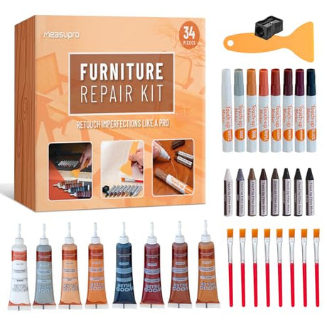 MeasuPro 34-Piece Furniture Repair Kit - Resin Wood Filler, Brushes, Markers & Scraper - Perfect for Stains, Scratches on Floors, Tables, Desks, MeasuPro