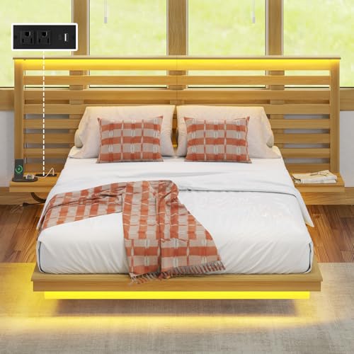 YUMPIE Maple Yellow Farmhouse Queen Floating Bed Frame with Nightstands, LED Lighting, and Charging Station - WoodArtSupply