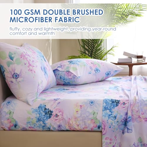 JSD Purple Hydrangea Floral Sheet Set Twin Size, 3 Piece Printed Microfiber Bed Sheets Deep Pocket JSD