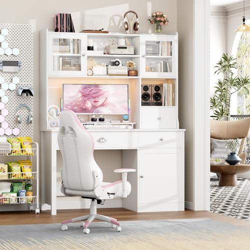 FACBOTALL Computer Desk with Hutch and RGB Lights, 65" Office Desk with Power Outlet, Makeup Vanity with 3 Doors & 3 Drawers, White Executive Desks for Home, Work and Study FACBOTALL