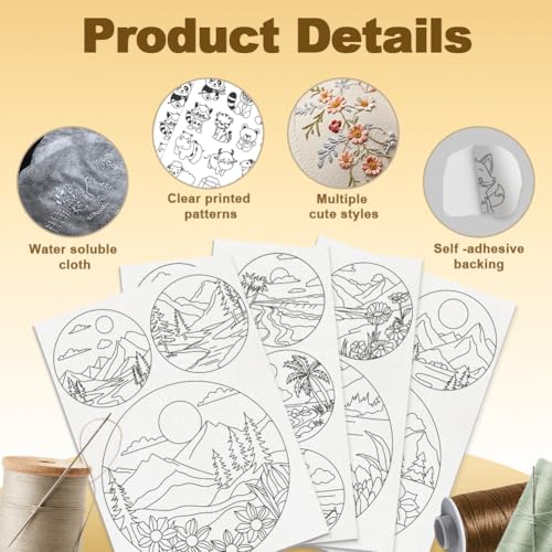 DOODLREAM 15pcs Natural Scenery Embroidery Kit, 8.3"x11.7" Water Soluble Stick & Stitch Embroidery Stickers, 4 Sheets, Mountain Sunset Hand Sewing DIY Embroidery Paper