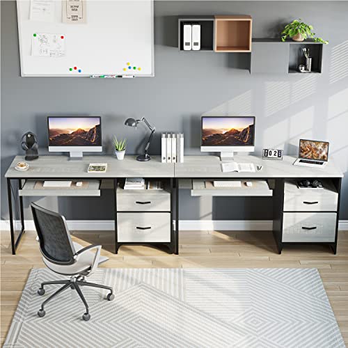 Bestier Office Desk with Drawers, 55 inch Industrial Computer Desk with Storage, Wood Teacher Desk with Keyboard Tray & File Drawer for Home Office, Wash White Bestier
