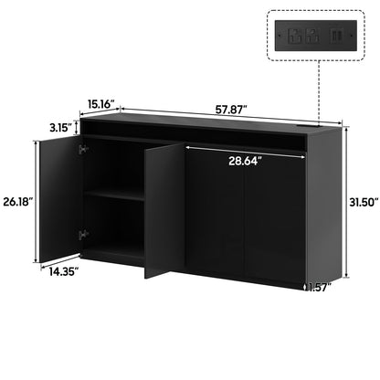 57" Kitchen Buffet Cabinet with Power Outlets- Pantry Storage Cabinet with LED Lights, Sideboard Cabinet Kitchen Storage Cabinets with 4 High Gloss Doors for Kitchen, Bathroom, Black