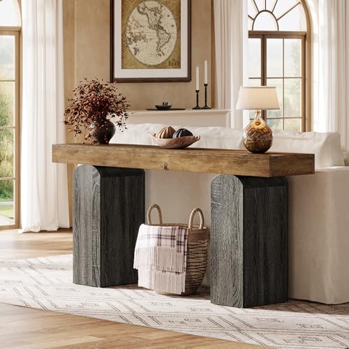 Tribesigns 63" Long Entryway Table, Farmhouse Console Table with 2 Arched Pedestal Legs, Wooden Sofa Console Behind The Couch for Entrance, Hallway, Living Room (Vintage Brown & Grey) Tribesigns