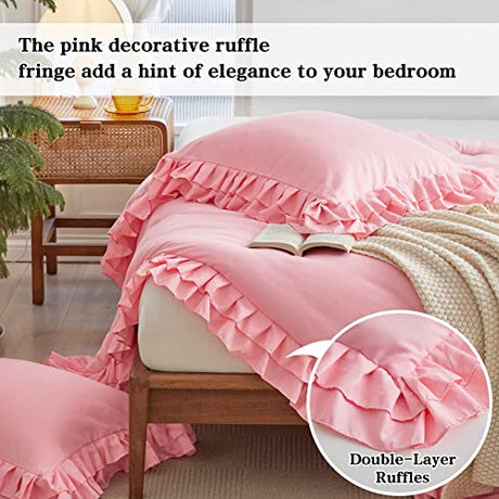 Pink Ruffled Comforter Set Twin Size, 3 Pieces (1 Ruffled Comforter and 2 Pillowcases) Farmhouse Shabby Chic Style with 2 Layers Ruffle, Solid Color Lightweight Soft Fluffy Bedding Sets for Girls Flysheep