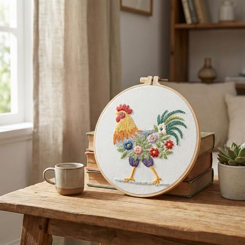 ZCXETP Rooster Beginners Embroidery Kits, Needlepoint Kits for Beginners, Embroidery Kit for Beginner, Cross Stitch Kit Suitable for Learning Basic Embroidery Techniques