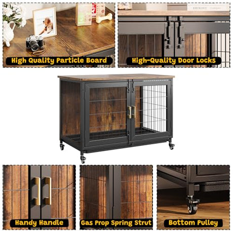 37.5 Inch Wooden Dog Crate with Wheels - Furniture Style Pet Kennel for Small to Medium Dogs Up to 66 Lbs - Multi-Purpose Removable Tray, Decorative Indoor Dog House, Sturdy & Stylish Design Hipicute