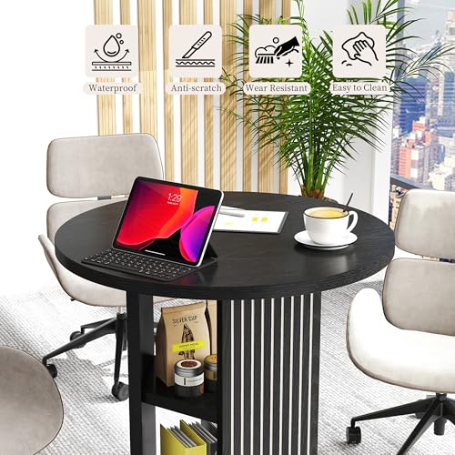 ZONVEOKE Small Conference Table for 2-4 People, 31.5" Round Meeting Table with 2-Layer Storage Shelf for Space Saving, Mid-Century Modern Seminar Boardroom Desk for Office Conference Room ZONVEOKE