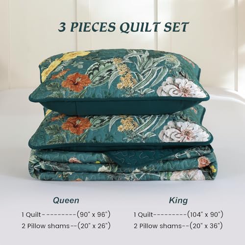 Anibedding Floral Quilt Set Queen Size, 3Pieces Green Microfiber Lightweight Besspread for Bedroom Living Room All Season Use Anibedding
