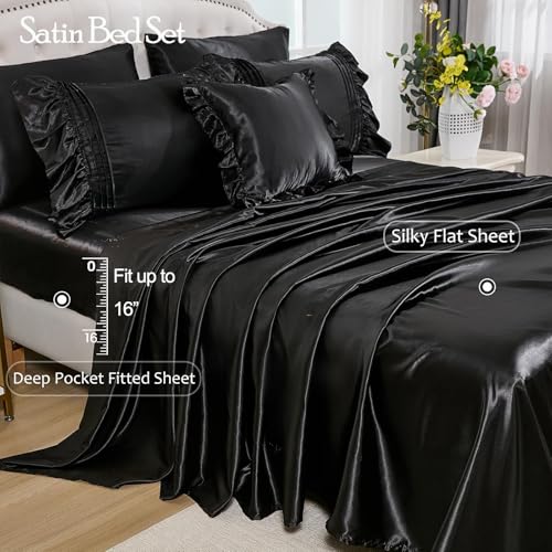 Black Satin Comforter Set 8 Pieces King Size Comforter with Sheets Silk Like Satin Bed Set Luxury Bedding Bed in a Bag 1 Comforter 4 Pillowcasas 1 Flat Sheet 1 Fitted Sheet 1 Cushion Cover Bedbay