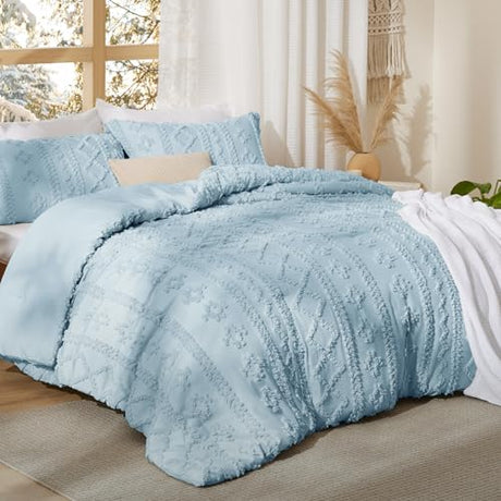 Bedsure Tufted Boho Comforter Set Full Size - Light Blue Boho Bed Set, GentleSoft™ 3 Pieces Farmhouse Shabby Chic Embroidery Bedding, Gifts for Woman, Soft Jacquard Full Comforter for All Seasons Bedsure
