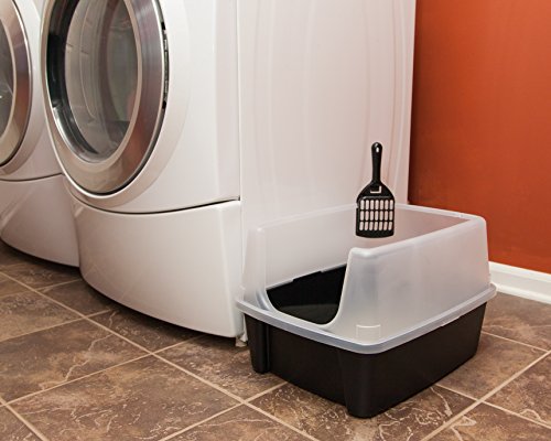 IRIS USA Large Cat Litter Box with Scatter Shield and Scoop, Open Top High Sided Cat Litter Pan, Black IRIS