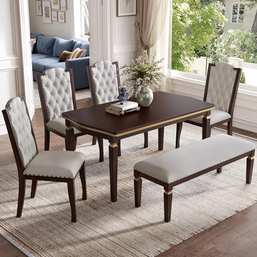 Merax 6-Piece Kitchen Dining Table Set, 60" Rectangular Table with 4 High-Back Tufted Upholstered Chairs & 1 Bench, Rubberwood Legs Modern Elegant Farmhouse for Kitchen Room, Espresso Merax