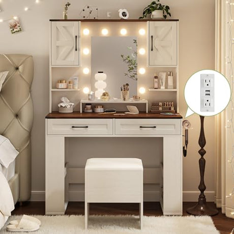 NUNU LAB Modern Makeup Vanity Desk with Mirror and Chair, Vanity Desk Set with Drawers, RGB Glass Cabinet and 3-Colour Hollywood Lights, White Vanity Table with Charging Station for Women Girls NUNU LAB