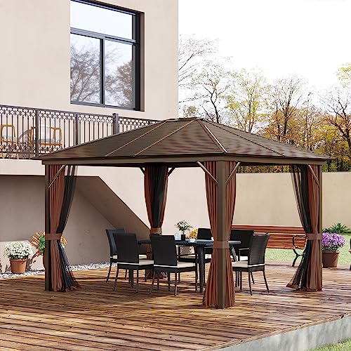 Outsunny 10' x 12' Hardtop Gazebo with Curtains and Netting, Permanent Pavilion Metal Single Roof Gazebo Canopy with Aluminum Frame and Hooks, for Garden, Patio, Backyard, Brown
