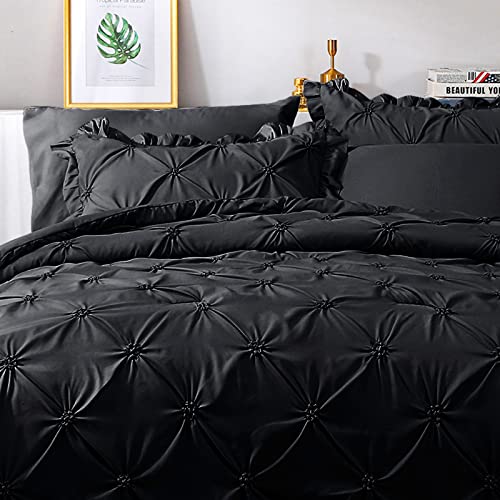 JOLLYVOGUE Black Twin Size Comforter Sets 5 Pieces, Pintuck Bed in a Bag Comforter Set for Bedroom, Bedding Comforter Sets with Comforter, Sheets,Ruffled Shams & Pillowcases JOLLYVOGUE