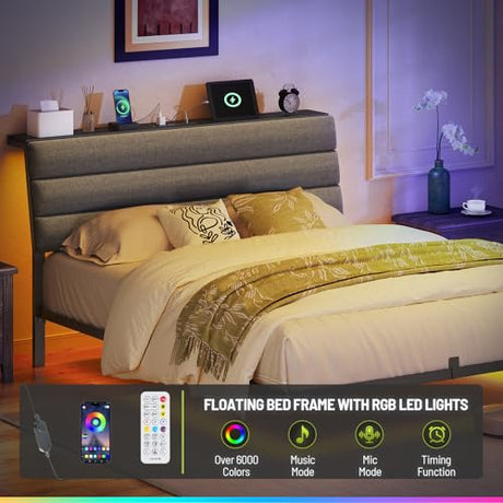 STHYTON Floating Bed Frame Full, Platform Bed with LED Lights & Charging Station, Ergonomic Storage Headboard, Heavy Duty Metal Slats, No Box Spring Needed, Easy Assembly, Dark Gray STHYTON
