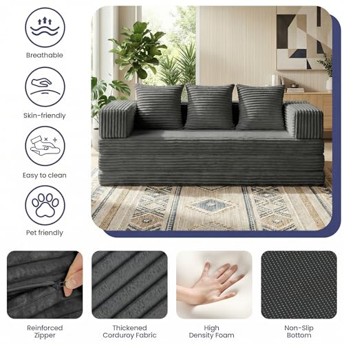 Winzoo Convertible Sofa Bed Couch, 78’’ Oversized 4-in-1 Boneless Couches with Removable Armrests Backrest, Corduroy Futon Sofa Bed, Foldable Mattress Sleeper Sofa for Living Room Bedroom (Grey) Winzoo