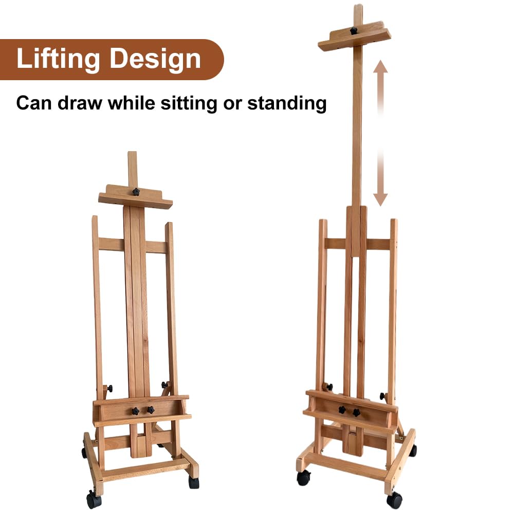 Professional H-Frame Studio Easel, Beech Wood, Height-Adjustable with Wheels, Storage Box, 73-Inch Canvas Capacity (Nature) Generic