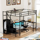 PVWIIK Staircase Full Size Loft Bed with L-Shaped Desk with Wardrobe,Charging Cradle,Loft Bed Frame with LED Lights for Kids Youths Adults Dorm Bedroom, No Box Spring Needed,Black PVWIIK