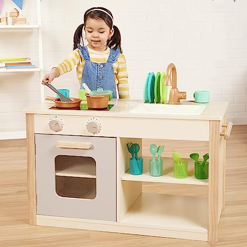 Battat – Play Kitchen & Market – Toddler-Friendly Size – Chalkboard Menu & Oven Dials – 25 Toy Cooking Accessories – 2 Years + – Two n' One Cookin' Fun Battat