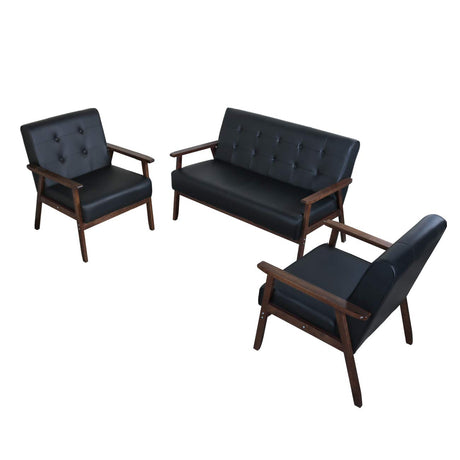 JIASTING Mid Century 1 Loveseat Sofa and 2 Accent Chairs Set Modern Wood Arm Couch and Chair Living Room Furniture Sets (8428 Black Set) JIASTING