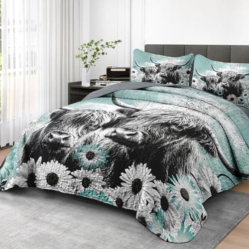 Pamnest Quilt Set King Size, Highland Cow Animal 3 Pcs Soft Bed Cover Bedding Set for Kids and Adults, Farm Daisy Lightweight Bedspread Coverlet with Pillow Sham for All Season Pamnest