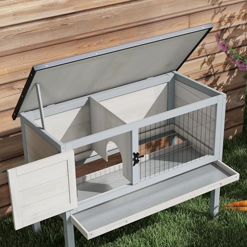 PawHut Elevated Wooden Rabbit Hutch, Indoor/Outdoor Bunny Cage with Hinged Asphalt Roof and Removable Tray for Guinea Pig, Gray - WoodArtSupply