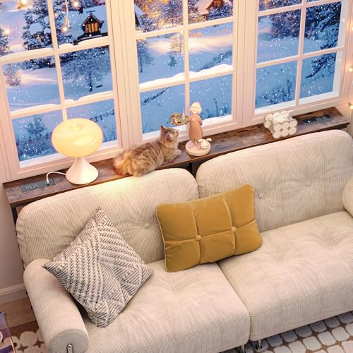 Huuger 78.7 Inch Behind Couch Table with Power Outlets, 23.9’’-34.4’’ Height Adjustable Range, Sofa Tables Narrow Long with USB-C Ports, Skinny Console Table, for Small Spaces, Rustic Brown Huuger