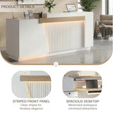 ZIMASYA 86.6" Modern Front Desk Reception Counter,Commercial Reception Room Tables with Built-in Outlets,Combination Lock Drawers, LED Lights for Office Beauty Salon Retail Store,White