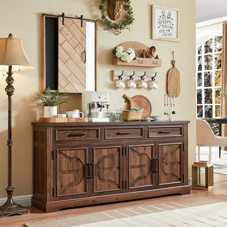 JXQTLINGMU 66" Large Buffet Sideboard Cabinet with 4 Doors and 3 Drawers, Buffet Table Coffee Bar Wine Bar Storage Cabinet for Dining Room, Living Room, Hallway, Dark Brown JXQTLINGMU