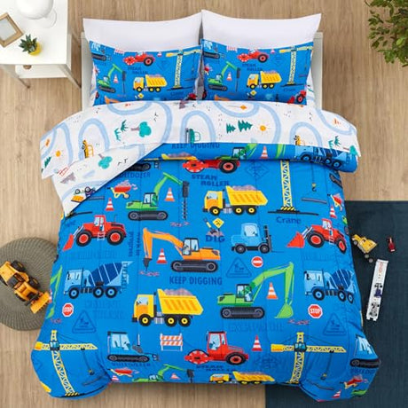 Holawakaka Trucks Excavator Cars Boy Bedding Comforter Set with Sheets, Twin Size Cartoon Construction Car Tractors Print Kids Bed in A Bag 5-Piece, Boys Reversible Dorm Bed Sets (Blue Twin) Holawakaka