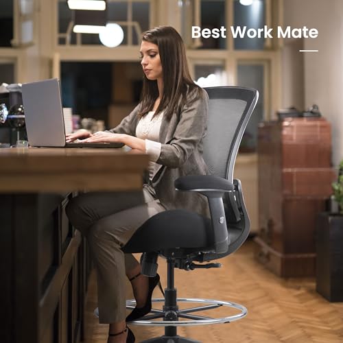 BOLISS 400lbs Mid Back Mesh Ergonomic Drafting Chair for Standing Desk Office Wide Chair Built-in Lumbar Support Big Adjustable Foot Ring Height Adjustable Armrest (Black) BOLISS