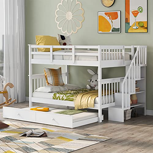 Harper & Bright Designs Full Over Full Bunk Bed with Stairs and Trundle, Wooden Bunk Bed Frame with Storage, for Kids Teens Adults - White Harper & Bright Designs