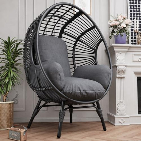 TQKVIPI 2 pcs Oversized Wicker Egg Chair Outdoor Indoor - Rattan Patio Egg Lounge Chairs with Cushion 500lbs Capacity for Living Room, Balcony, Backyard TQKVIPI