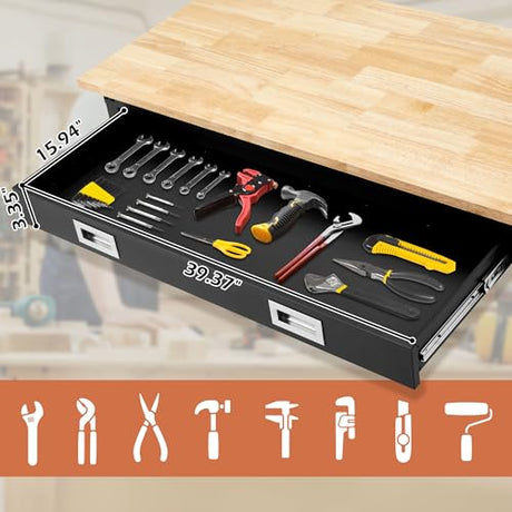 48” Adjustable Workbench with Drawer Storage,Work Benches for Garage with Rubberwood Top,2000 LBS Capacity Worktable with Power Outlets for Workshop,Garage,Home,Office Antifir