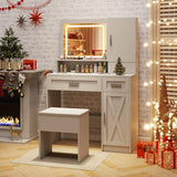 LOKO Farmhouse Vanity Set with Mirror & Lights, Dressing Table and Chair Set with 3 Lighting Modes & Adjustable Brightness, Charging Station & Hair Dryer Holder, Jewelry Cabinet, for Bedroom LOKO