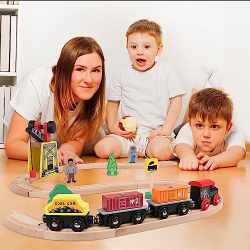 Qilay Wooden Train Set for Toddler - 39 Pcs Wooden Train Tracks with Crane, Bridge & 5 Wooden Trains - Train Toys for 3,4,5 Year Old Boys & Girls - Qilay
