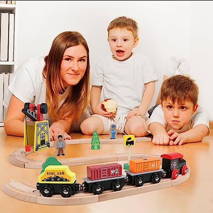 Qilay Wooden Train Set for Toddler - 39 Pcs Wooden Train Tracks with Crane, Bridge & 5 Wooden Trains - Train Toys for 3,4,5 Year Old Boys & Girls - - WoodArtSupply