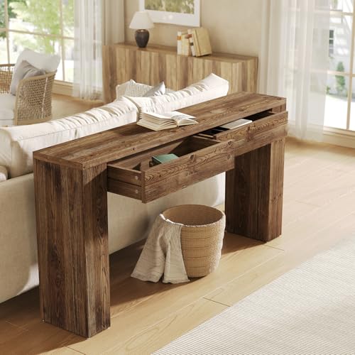 LITTLE TREE Sofa Table with 2 Drawers, 63 Inches Extra Long Console Table, Solid Wood Sofa Table Behind Couch, Large Entryway Hallway Foyer Tables for Living Room, Entrance, Rustic Brown LITTLE TREE