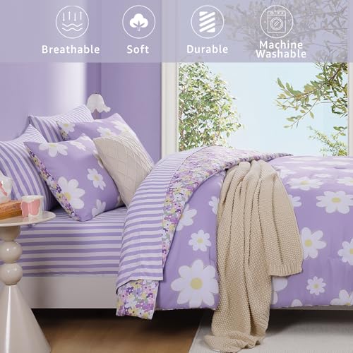 AMBERSPACE Full Size Comforter Sets for Girls, Purple Daisy Kids Bedding Set Reversible with Cute Floral, All Season Bed in a Bag 7 Pieces with Sheets, Pillowcases & Shams AMBERSPACE