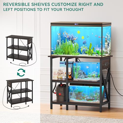 YITAHOME 10-29-37 Gallon Fish Tank Stand with Power Outlet, 30x16 Inch Metal Aquarium Stand with 3-Tier Adjustable Storage Shelves and Hooks, 450LBS Capacity,Black - WoodArtSupply