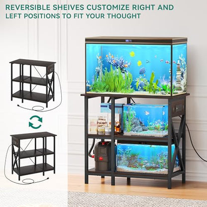 YITAHOME 10-29-37 Gallon Fish Tank Stand with Power Outlet, 30x16 Inch Metal Aquarium Stand with 3-Tier Adjustable Storage Shelves and Hooks, 450LBS Capacity,Black - WoodArtSupply