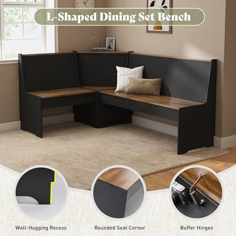 AMERLIFE 3-Piece Breakfast Nook Dining Set, L-Shaped Corner Bench with Hidden Storage, Space-Saving Kitchen Table Set for Small Spaces, Black & Oak AMERLIFE
