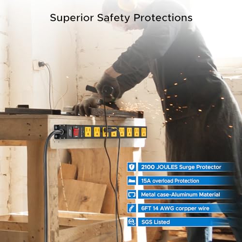 CRST 8 Outlet Metal Long Power Strip, 2100J Heavy Duty Surge Protector Power Strip, 6 FT Cord Mountable Wide Spaced Workshop Garage Power Strip, 15amp/1875W(Black+Yellow) CRST