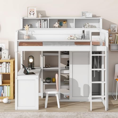 Twin Size Loft Bed with Wardrobe, Desk, and Storage by Harper & Bright Designs in White Finish - WoodArtSupply