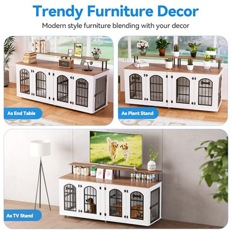 Petrova 63" Dog Crate Furniture for 2 Dogs, Heavy Duty Indoor Dog Kennel for Medium/Large Dogs, Wooden Dog Cage with Removable Divider, 6 Lockable Wheels, Storage Compartment, White Petrova