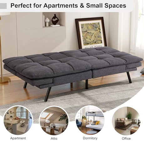 MUUEGM 71" Futon Sofa Bed, Comfortable Memory Foam Futons Sofa with Adjustable Backrest & Armrests, Convertible Loveseat Futon Bed for Compact Living Room, Apartment, Office, Medium Grey MUUEGM