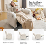 Rhevoy 24" Extra Wide Swivel Rocker Recliner Chair with Adjustable Headrest, Oversized Power Rocker Recliner with Overstuffed Armrest, Chenille Rocking Chair Nursery with USB Ports, White